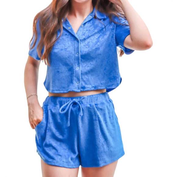 NEW SADIE & SAGE terry crop shirt in blue - Picture 1 of 4